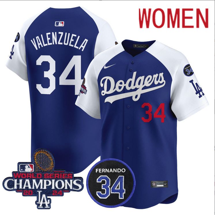 Women MLB Los Angeles Dodgers #34 Valenzuela blue 2024 World Series Champions Patch Limited Jersey style 2->women mlb jersey->Women Jersey